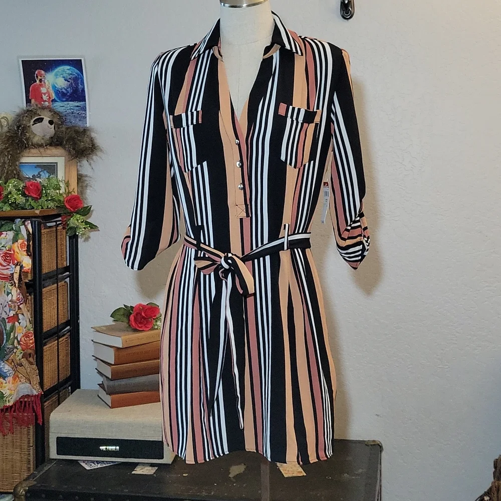 Striped Belted Shirt Dress Button Tab Roll Up Sleeves Small - Picture 3 of 11